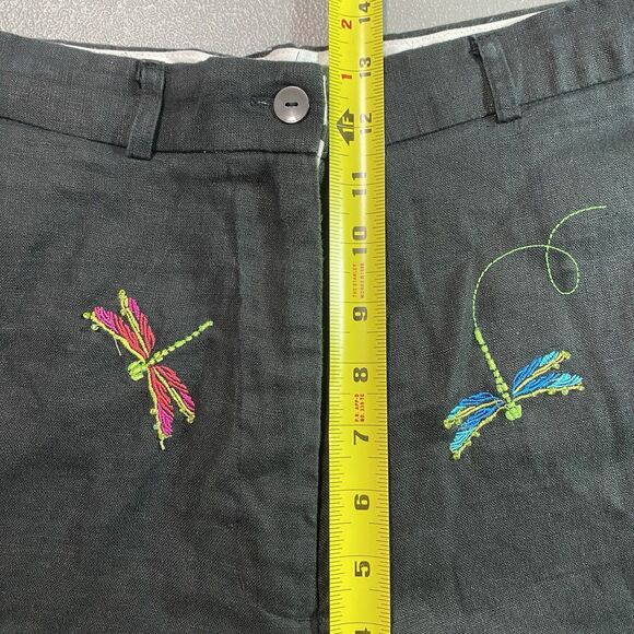 Vintage PARAPHRASE Capri Pants Linen Embroidered Beads Dragonfly Womens 14 Black - Picture 9 of 10